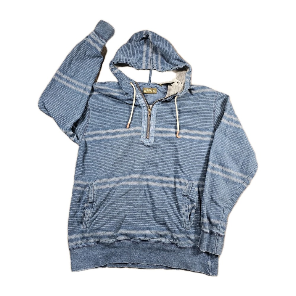 Orvis Mens Medium Blue Striped Quarter Zip Hoodie Cotton Pullover‎ Kangaroo